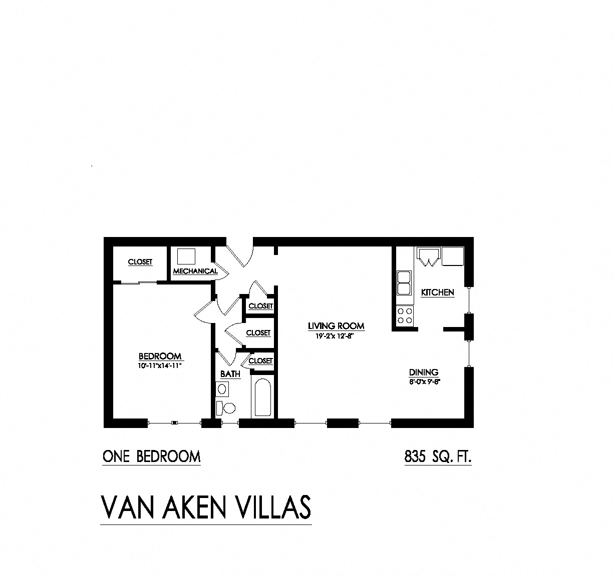 Floor plan for 1 bed, 1 bath, 835 sqft